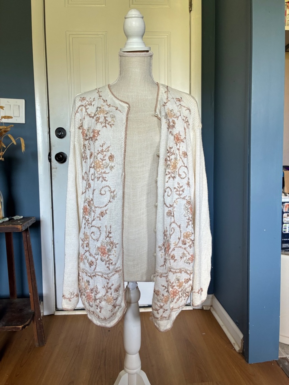 Cream Floral Embroidered Open Cardigan Sweater